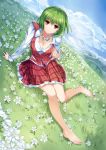  arm_support bare_legs barefoot breasts cleavage dress_shirt feet flower full_body green_hair highres kazami_yuuka meadow no_bra outdoors pico_(picollector79) plaid plaid_skirt plaid_vest red_eyes shirt short_hair sitting skirt sky smile solo tartan touhou vest wreath youkai 