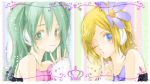  2girls alternate_hairstyle arm_warmers bare_shoulders colorful_x_melody_(vocaloid) dress earmuffs green_eyes green_hair hair_ornament hatsune_miku kagamine_rin long_hair lowres multiple_girls nezuki project_diva project_diva_2nd ribbon short_hair smile strapless_dress vocaloid wink 