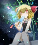  bamboo blonde_hair blush camisole casual contemporary eating food hair_ribbon highres ice_cream jewelry looking_up midriff necklace night pendant popsicle red_eyes ribbon rumia shirt short_hair shorts sitting sleeveless_shirt solo star_(sky) tanabata the_embodiment_of_scarlet_devil touhou youkai yutamaro 