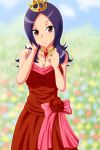  1girl bare_shoulders crown dress flower fresh_precure! higashi_setsuna highres jewelry looking_at_viewer pink_eyes precure purple_hair red_dress red_rose ribbon ring rose short_hair smile solo 