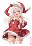 1girl :d alternate_costume black_panties blonde_hair blue_eyes blush breasts christmas collarbone cowboy_shot dress ebifurya elbow_gloves eyebrows_visible_through_hair gloves hair_between_eyes hat highres kantai_collection looking_at_viewer one-hour_drawing_challenge open_mouth panties red_dress red_gloves ro-500_(kancolle) santa_costume santa_hat simple_background small_breasts smile solo string_panties thigh-highs twitter_username underwear white_background white_legwear 
