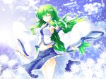  bare_shoulders breasts closed_eyes detached_sleeves dress eyes_closed floating_hair frog gohei green_hair hair_ornament highres japanese_clothes kochiya_sanae long_hair midriff miko navel osashin_(osada) outstretched_arms shin_osada skirt snake solo spread_arms touhou wide_sleeves wind 