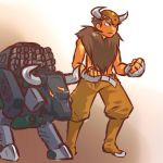  1boy belt brown_hair clenched_hands cosplay crossover dibison fingerless_gloves fist gloves hair hitec horns human male mechanization moemon pants personification pokemon pokemon_(creature) pokemon_(game) pokemon_rgby robot short_hair solo tauros zoids 