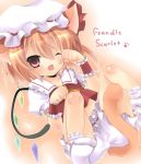  animal_ears ascot blonde_hair bloomers cat_ears cat_pose cat_tail colored engrish fang flandre_scarlet highres kemonomimi_mode necktie no_pants on_back open_mouth paw_pose ranguage red_eyes shirt side_ponytail socks solo tail the_embodiment_of_scarlet_devil touhou white_legwear wings wink wrist_cuffs wristband yumemomosaka 