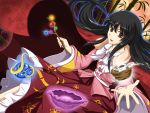  bamboo black_hair bowl branch brown_eyes cape cowry_shell floating_object full_moon glowing highres hime_cut houraisan_kaguya japanese_clothes jeweled_branch_of_hourai long_hair moon night open_mouth red_moon robe skirt smile solo touhou zqhzx 