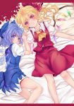 ascot bad_id bed_sheet blonde_hair blue_eyes blue_hair bow brown_eyes cirno dress flandre_scarlet hair_bow hand_holding hands_clasped holding_hands interlocked_fingers letterboxed looking_at_viewer lying multiple_girls no_hat no_headwear on_back on_side pink_eyes rim_(kingyoorigin) rimu_(rim573) short_hair side_ponytail skirt skirt_set touhou vest wavy_hair wings 