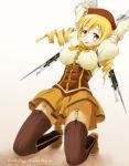  arms_behind_head arms_up bayonet beret blonde_hair blush boots breasts brown_legwear corset crossed_arms dancho_(danch) detached_sleeves drill_hair dual_wielding erect_nipples fingerless_gloves garter_straps gloves gradient gradient_background gun hair_ornament hairpin hat highres kneeling large_breasts magical_girl magical_musket mahou_shoujo_madoka_magica open_mouth pleated_skirt puffy_sleeves ribbon rifle skirt smile solo taut_shirt thigh-highs thighhighs tomoe_mami twin_drills vertical-striped_legwear vertical_stripes weapon yellow_eyes zettai_ryouiki 