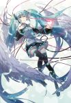  angel_wings aqua_eyes aqua_hair bare_shoulders detached_sleeves feathers flying hatsune_miku heart highres large_wings long_hair necktie petticoat rella ribbon skirt solo thigh-highs thighhighs twintails very_long_hair vocaloid wings zettai_ryouiki 
