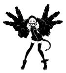  bow bow_legwear high_collar hood hoodie kriss_sison mechanical_arm monochrome red_eyes sleeveless_hoodie solo spot_color strength_(black_rock_shooter) sweater_dress tail thigh-highs thighhighs 