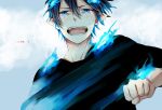  black_hair blue_eyes blue_fire blue_flame fang fire naro_(nord) narrow28 okumura_rin open_mouth pointy_ears solo tears 