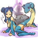  1girl blue_eyes blue_hair cosplay detached_sleeves double_bun female hair hitec horn human lapras long_hair lying moemon on_side personification pokemon pokemon_(creature) pokemon_(game) pokemon_rgby purple_eyes thigh-highs thighhighs translated translation_request 