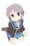  a-ka arawi_keiichi_(style) company_connection kneeling kyoto_animation nagato_yuki nichijou parody purple_hair school_uniform serafuku short_hair simple_background solo style_parody suzumiya_haruhi_no_yuuutsu 