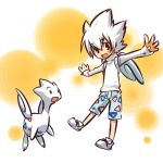  arms_outstretched cosplay fake_wings faux_wings hair hitec human looking_at_viewer male moemon open_mouth outstretched_arms personification pokemon pokemon_(creature) pokemon_(game) pokemon_gsc shirt shoes short_hair shorts spiked_hair spiky_hair togetic white_hair wings 