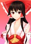  ascot bare_shoulders black_hair bow breasts brown_hair bust cleavage detached_sleeves hair_bow hair_tubes hakurei_reimu japanese_clothes long_hair miko payot red_eyes smile solo tel touhou 