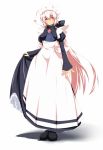  apron ascot blush boots bow breasts commentary_request enmaided hair_bow hair_ornament highres kkk long_hair long_sleeves maid maid_headdress ponytail red_eyes shadow simple_background smile solo vocaloid voyakiloid white_hair yowane_haku 