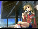  bike_shorts blonde_hair blush cloud collar east_asian_architecture food letterboxed long_hair mossari_poteto mouth_hold original popsicle porch red_eyes sitting sky solo veranda 