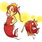  1girl bare_shoulders brown_eyes cosplay female fish_tail gradient_hair hair hitec hopping human long_hair magikarp moemon multicolored_hair open_mouth personification pokemon pokemon_(creature) pokemon_(game) pokemon_rgby red_eyes red_hair redhead sack twintails two-tone_hair 