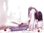  1girl bad_id black_hair blood couple dagger female flower himura_kenshin injury japanese_clothes kimono knife lap_pillow long_hair lying male orange_hair ponytail purple_hair red_hair redhead rurouni_kenshin sabachon scar sitting spoilers wound wounded yukishiro_tomoe 