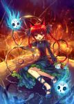  ankle_ribbon bell bell_collar braid capura_lin cat_ears cat_tail chain chains collar fang highres jingle_bell kaenbyou_rin molten_rock multiple_tails nail_polish red_hair redhead skull spirit tail touhou twin_braids twintails wheel 