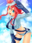  breasts cloud crop_top fuuro_(pokemon) gloves hair_ornament kumatani large_breasts midriff navel pokemon pokemon_(game) pokemon_black_and_white pokemon_bw red_hair redhead short_shorts shorts sky 