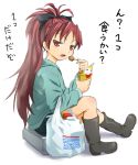  bag boots brand_name_imitation casual chicken_nuggets face fang food lawson long_hair mahou_shoujo_madoka_magica onsoku_maru plastic_bag ponytail red_eyes red_hair redhead sakura_kyouko solo translated translation_request 