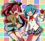  apple bag blue_eyes blue_hair blush bow denim denim_shorts food fruit hair_bow hair_ornament hairclip holding holding_apple holding_fruit hoodie long_hair mahou_shoujo_madoka_magica mesushirindaa miki_sayaka multiple_girls open_mouth paper_bag plaid plaid_skirt ponytail red_eyes red_hair redhead sakura_kyouko school_uniform short_hair shorts skirt smile tartan uosin 