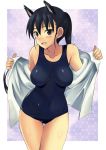  animal_ears bad_id black_eyes black_hair breasts dog_ears impossible_clothes impossible_clothing impossible_swimsuit kitagou_fumika kyogoku_shin kyougoku_shin long_hair open_clothes open_shirt school_swimsuit shirt solo strike_witches swimsuit 
