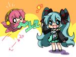  :d adapted_costume aqua_eyes aqua_hair bad_id blush bow chibi detached_sleeves eromame hair_bow hair_ribbon hatsune_miku headphones megurine_luka necktie o_o open_mouth ribbon smile takoluka tentacle tentacles twintails vocaloid 