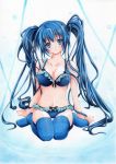  1girl bikini blue_eyes blue_hair blue_legwear breasts cleavage collarbone frilled_swimsuit frills highres imaichi_moenai_ko kobe_shinbun long_hair marker_(medium) sitting solo swimsuit thigh-highs thighhighs traditional_media twintails wariza 