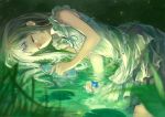  blurry book closed_eyes depth_of_field dress eyes_closed face flower frills glowing grass honma_meiko lily_pad long_hair lying on_side silver_hair silverwing sleeveless sleeveless_dress smile solo tears water 