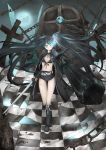  arm_cannon bad_id belt bikini_top black_hair black_rock_shooter black_rock_shooter_(character) blue_eyes blue_fire blue_flame boots checkered checkered_floor fire front-tie_top gate glowing glowing_eye goushou katana shorts solo sword thigh_gap twintails weapon 