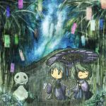  akihiyo bamboo closed_eyes eyes_closed green_eyes green_hair multiple_girls original panda rain tanabata umbrella 
