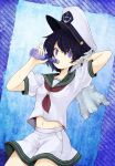  arm_up black_hair blue_eyes drinking hat midriff murasa_minamitsu navel ramune sailor sailor_hat short_hair shorts solo touhou towel urin 