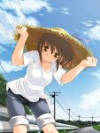  artist_request brown_eyes brown_hair capri_pants copyright_request hat jeans oozora_itsuki pants power_lines shirt sky smile solo source_request straw_hat sun_hat t-shirt 