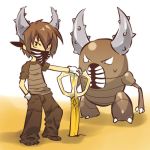  1boy bandana brown_hair cosplay face_mask gloves hair hand_in_pocket hitec horns human looking_at_viewer male moemon pants personification pinsir pokemon pokemon_(creature) pokemon_(game) pokemon_rgby scissors shirt short_hair 