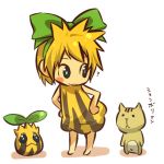  1girl ? bent_over blonde_hair blue_eyes blush_stickers bow cat character_request child cosplay feline female hair hair_bow hair_ribbon hands_on_hips hitec human looking_back moemon personification pokemon pokemon_(creature) pokemon_(game) pokemon_gsc ribbon short_hair sunkern translation_request yellow_hair 