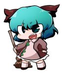  animal_ears blush_stickers broom buttons chibi clover fang green_eyes green_hair kasodani_kyouko nura_(oaaaaaa) open_mouth simple_background solo touhou 