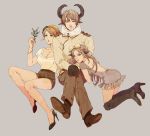  anklet axis_powers_hetalia back belarus_(hetalia) blonde_hair blouse blue_eyes boots bow bracelet branch breasts brother_and_sister cleavage coat crossed_legs dress gloves green_eyes hair_bow hairband hands_on_knees high_heels horns ishizaki_miwako jewelry large_breasts legs legs_crossed lips long_hair necklace open-back_dress purple_eyes russia_(hetalia) shoes short_dress short_hair short_shorts shorts siblings simple_background sitting smile ukraine_(hetalia) violet_eyes 