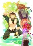  age_difference bouquet bracelet brown_hair cabbie_hat closed_eyes eyes_closed facial_hair father_and_daughter flower from_behind hat jewelry kaburagi_kaede kaburagi_t_kotetsu male necktie short_hair shorts side_ponytail striped striped_legwear stubble thighhighs tiger_&amp;_bunny vest watch wristwatch 