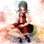  ascot blush bobby_socks dress_shirt footwear green_hair highres kazami_yuuka long_hair looking_at_viewer mary_janes plaid plaid_skirt plaid_vest red_eyes s-syogo shirt shoes sitting skirt skirt_set smile socks solo tartan touhou vest white_legwear youkai 