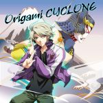  blonde_hair chamame dual_persona helmet ivan_karelin jacket letterman_jacket male mount_fuji multiple_boys origami_cyclone purple_eyes purple_jacket short_hair shuriken superhero tiger_&amp;_bunny violet_eyes weapon 