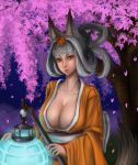  breasts brown_eyes cherry_blossoms cleavage collarbone daybreaks0 fox_ears fox_tail hair_up huge_breasts japanese_clothes kongiku lantern leaf leaf_on_head lips night oboro_muramasa open_mouth paper_lantern realistic ribbon silver_hair solo tail vanillaware 