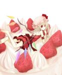  armband bare_shoulders barefoot bat_wings blonde_hair cake dress feet finger_to_mouth flandre_scarlet food fruit hat highres lying lying_on_stomach mugi_(banban53) on_stomach red_eyes short_hair side_ponytail solo strawberry strawberry_shortcake the_embodiment_of_scarlet_devil touhou wings 