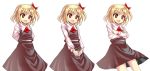  alphes_(style) arms_behind_back blonde_hair crossed_arms hair_ribbon hands_clasped hands_together necktie open_mouth parody qbthgry red_eyes ribbon rumia short_hair skirt smile solo style_parody the_embodiment_of_scarlet_devil touhou vest youkai 