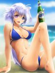  :d arm_support barefoot bikini blue_eyes bottle breasts cleavage cloud drink fang heterochromia large_breasts lavolpe_(yagisaka_seto) legs long_hair navel open_mouth original purple_eyes silver_hair sitting sky smile solo swimsuit very_long_hair violet_eyes wet yagisaka_seto 