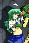  1girl adapted_costume arm_grab ascot bangs blush byoin cell_(dragon_ball) crossover dragon_ball eye_contact frog gohei green_eyes green_hair grey_eyes kochiya_sanae long_hair looking_at_another monster scared school_uniform snake struggling touhou vest you_gonna_get_raped 