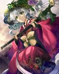  bangs bridal_gauntlets flower green_eyes hair_flower hair_ornament highres japanese_clothes kimono long_hair mountain nail_polish oubaiin ryuuri_susuki scabbard sengoku_taisen sheath sheathed silver_hair sitting sky solo susuki sword weapon 