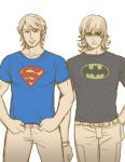  barnaby_brooks_jr bat_(symbol) bat_symbol batman batman_(series) belt blonde_hair closed_eyes dc_comics eyes_closed glasses keith_goodman logo male moogie multiple_boys partially_colored s_shield short_hair spot_color studded_belt superman superman_(series) t-shirt tiger_&amp;_bunny 