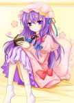  bad_id blush book crescent dress hat long_hair nikoo patchouli_knowledge pillow purple_eyes purple_hair sitting solo touhou violet_eyes 