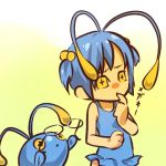  1girl antennae blue_hair chinchou cosplay female finger_to_mouth glasses glasses_removed hair hair_bobbles hair_ornament hitec human moemon one-piece_swimsuit personification pokemon pokemon_(creature) pokemon_(game) pokemon_gsc short_hair short_twintails swimsuit translated translation_request twintails yellow_eyes 